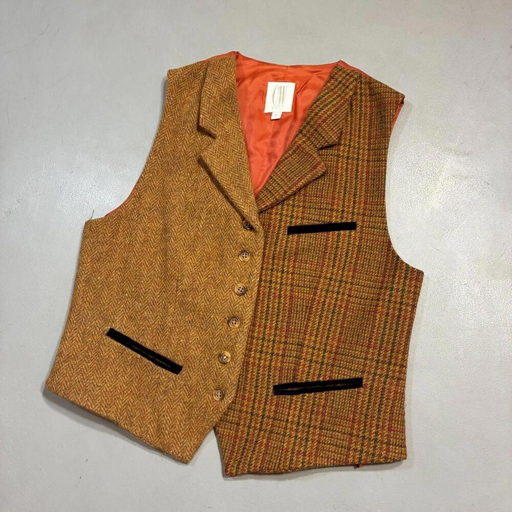 Womens Tweed Patchwork Vest - Orange Herringbone & Plaid